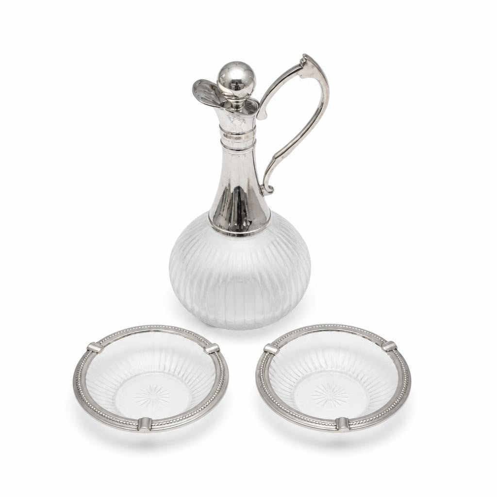 Crystal & silver-plated decanter with 2 ashtrays - white studio shot, second-hand at Why Go Less, Dekwaneh, Lebanon
