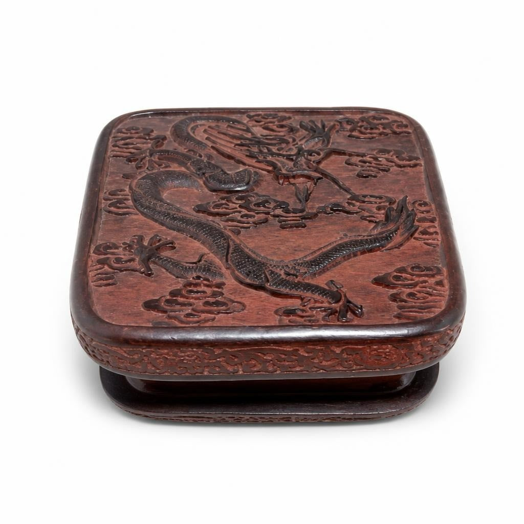 Carved wooden dragon motif square keepsake box - white studio shot, second-hand at Why Go Less, Dekwaneh, Lebanon
