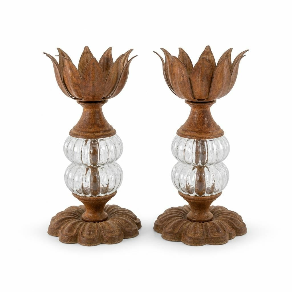 Brass & crystal lotus flower candle holders, pair - white studio shot, second-hand at Why Go Less, Dekwaneh, Lebanon