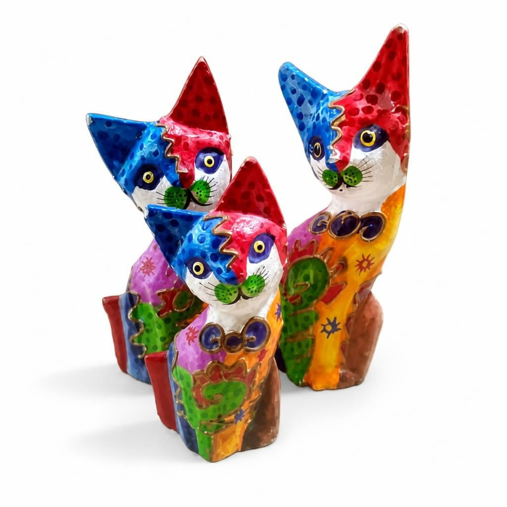 Colorful hand-painted wooden cat figurines, set of 3 - white studio shot, second-hand at Why Go Less, Dekwaneh, Lebanon