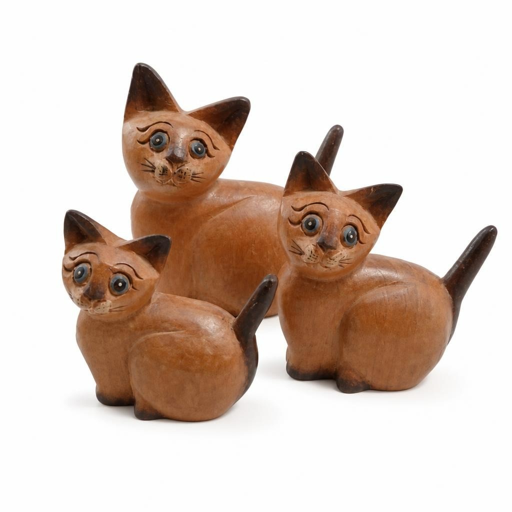 Wooden cat figurines set of 3, brown - white studio shot, second-hand at Why Go Less, Dekwaneh, Lebanon