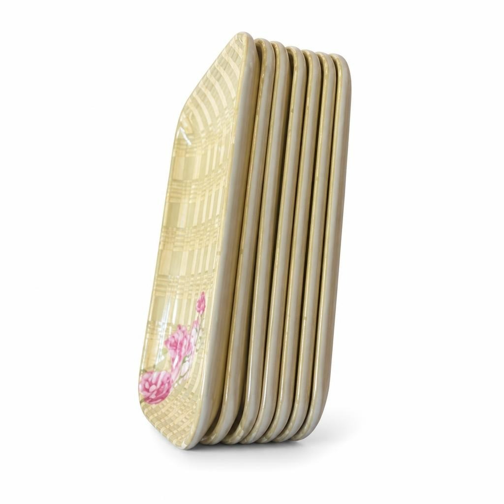 Set of 6 melamine plates, yellow floral print - white studio shot, second-hand at Why Go Less, Dekwaneh, Lebanon