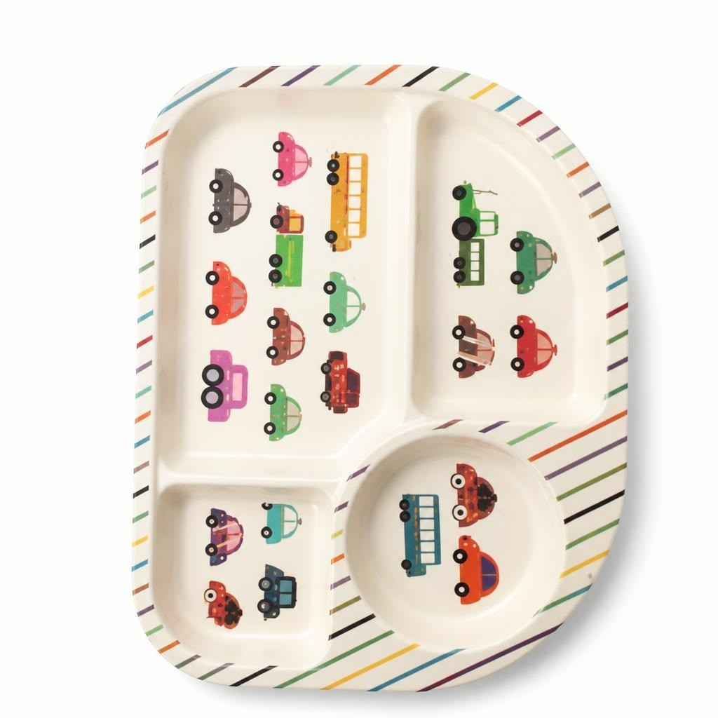 Kids divided plate set, cars print, melamine - white studio shot, second-hand at Why Go Less, Dekwaneh, Lebanon