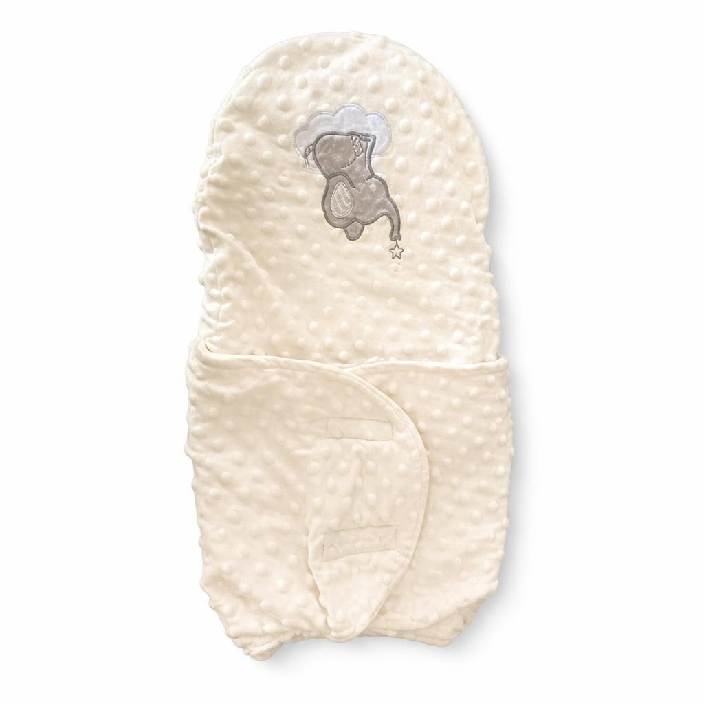 Baby minky dot swaddle wrap, cream, elephant embroidery - white studio shot, second-hand at Why Go Less, Dekwaneh, Lebanon