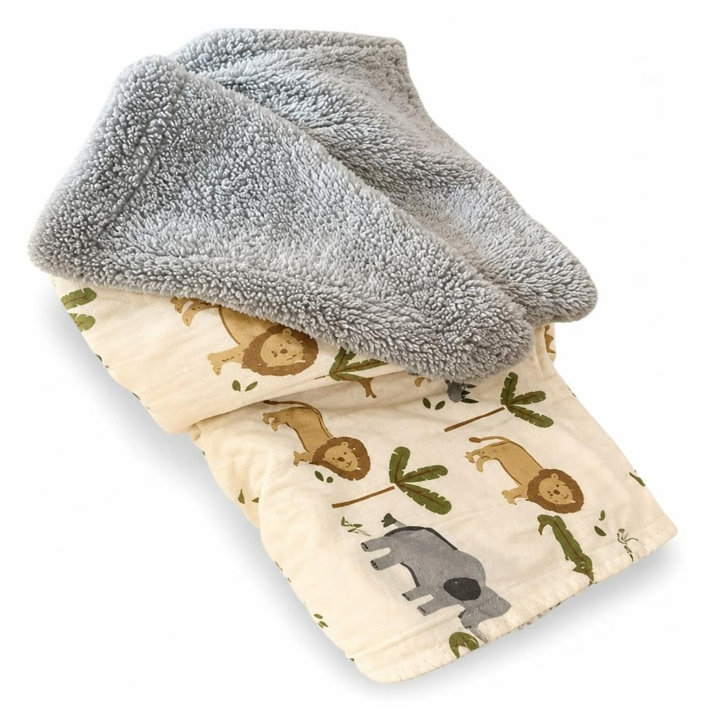 Baby Blankets Safari Print + Gray Sherpa Set - white studio shot, second-hand at Why Go Less, Dekwaneh, Lebanon