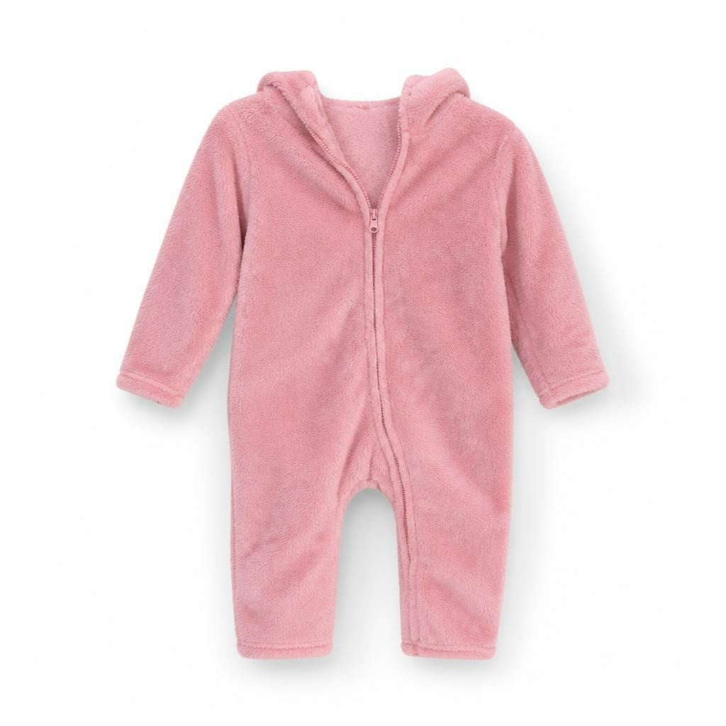 Baby Pink Fleece Zip-Up Onesie Jumpsuit - white studio shot, second-hand at Why Go Less, Dekwaneh, Lebanon