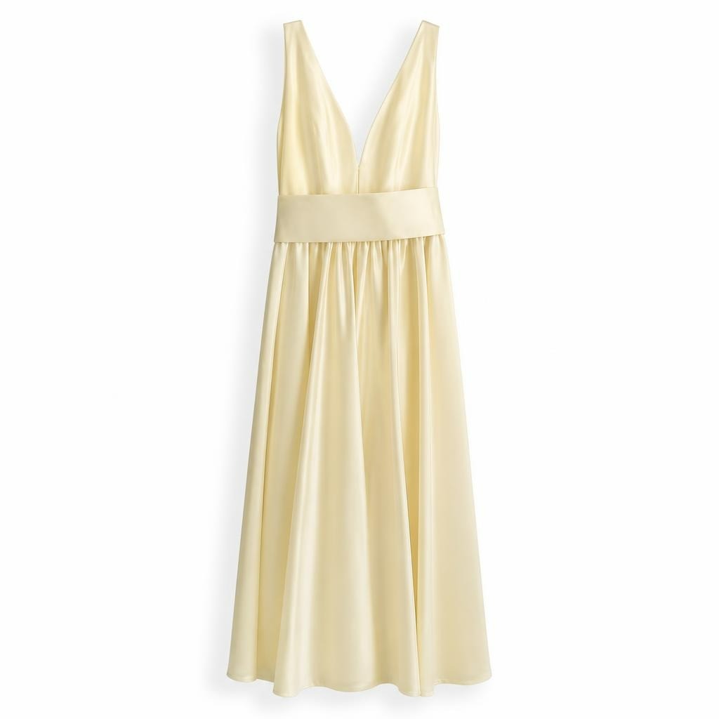 Elegant pale yellow satin deep-V gown, floor length - white studio shot, second-hand at Why Go Less, Dekwaneh, Lebanon