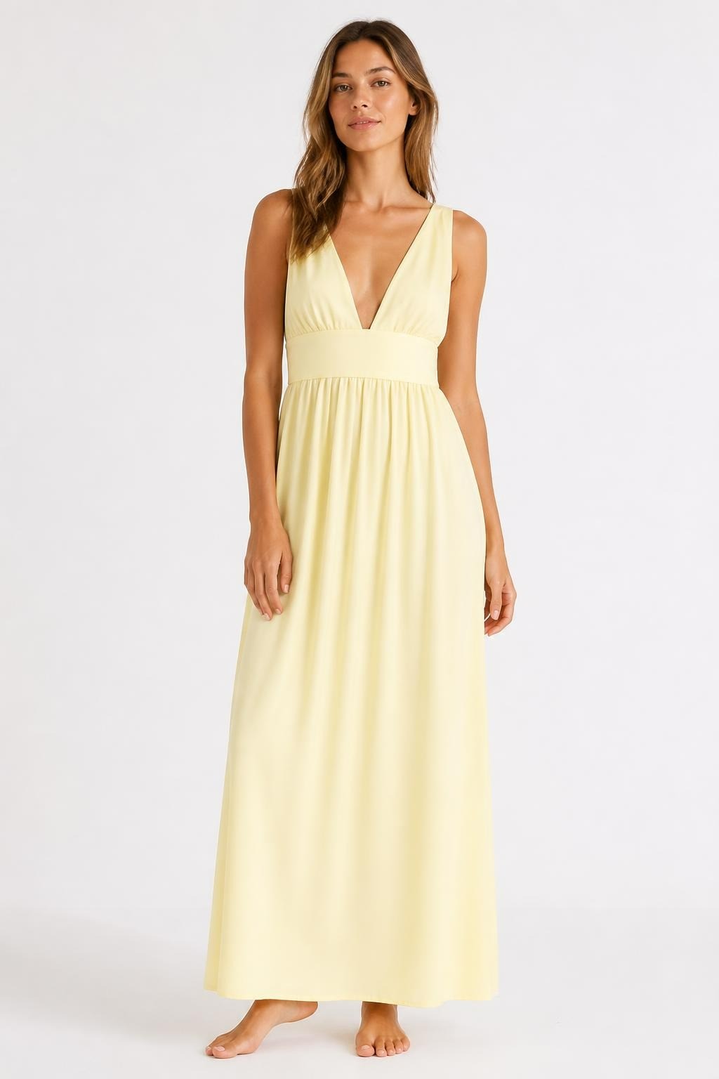 Elegant pale yellow satin deep-V gown, floor length | Pre-Loved | Why Go Less