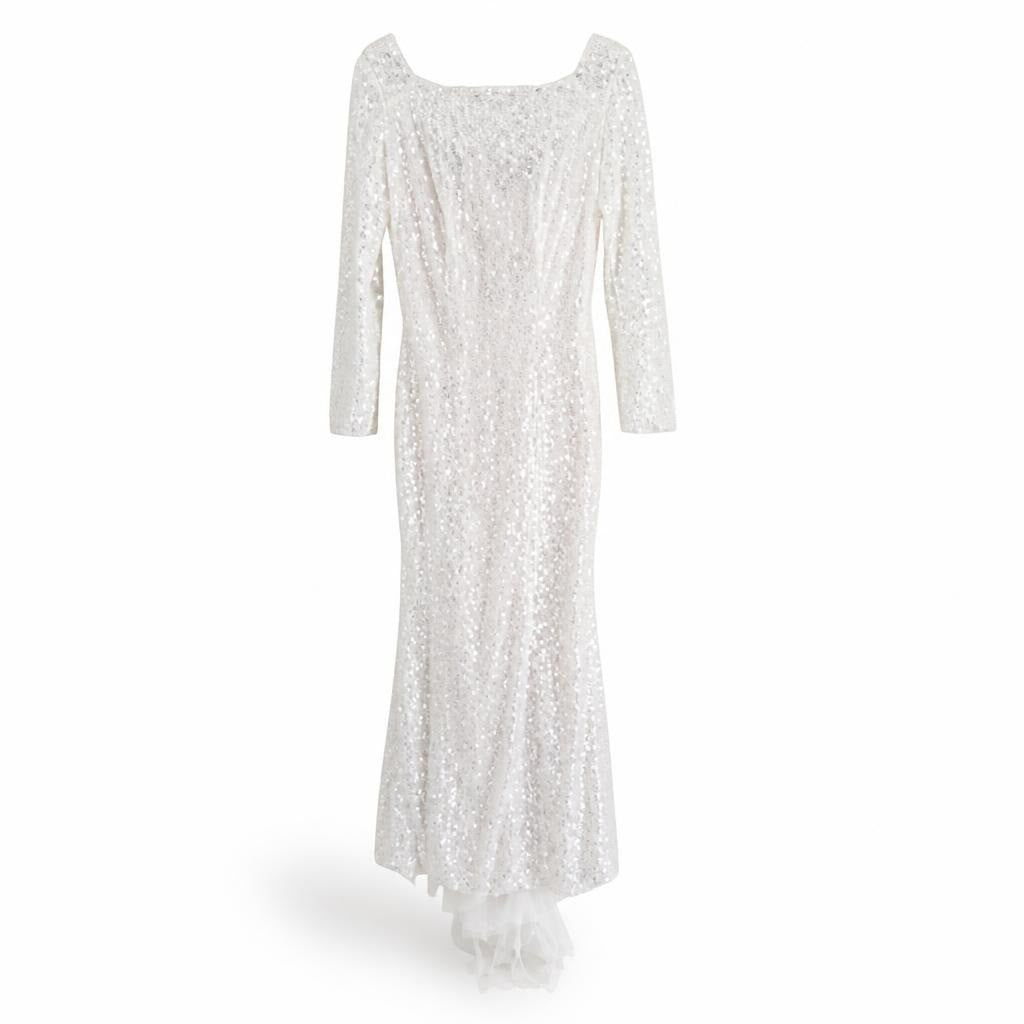 White sequin lace long-sleeve fitted bridal gown - white studio shot, second-hand at Why Go Less, Dekwaneh, Lebanon