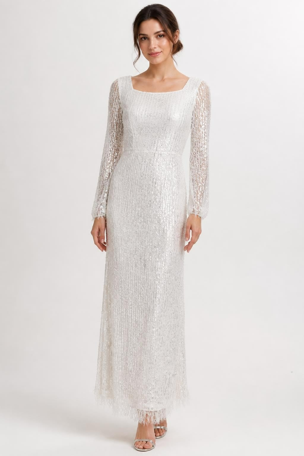 White sequin lace long-sleeve fitted bridal gown | Pre-Loved | Why Go Less
