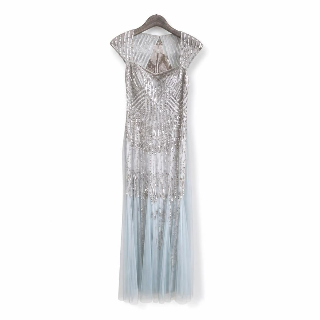 Silver beaded sequin cap-sleeve formal gown, grey tulle - white studio shot, second-hand at Why Go Less, Dekwaneh, Lebanon
