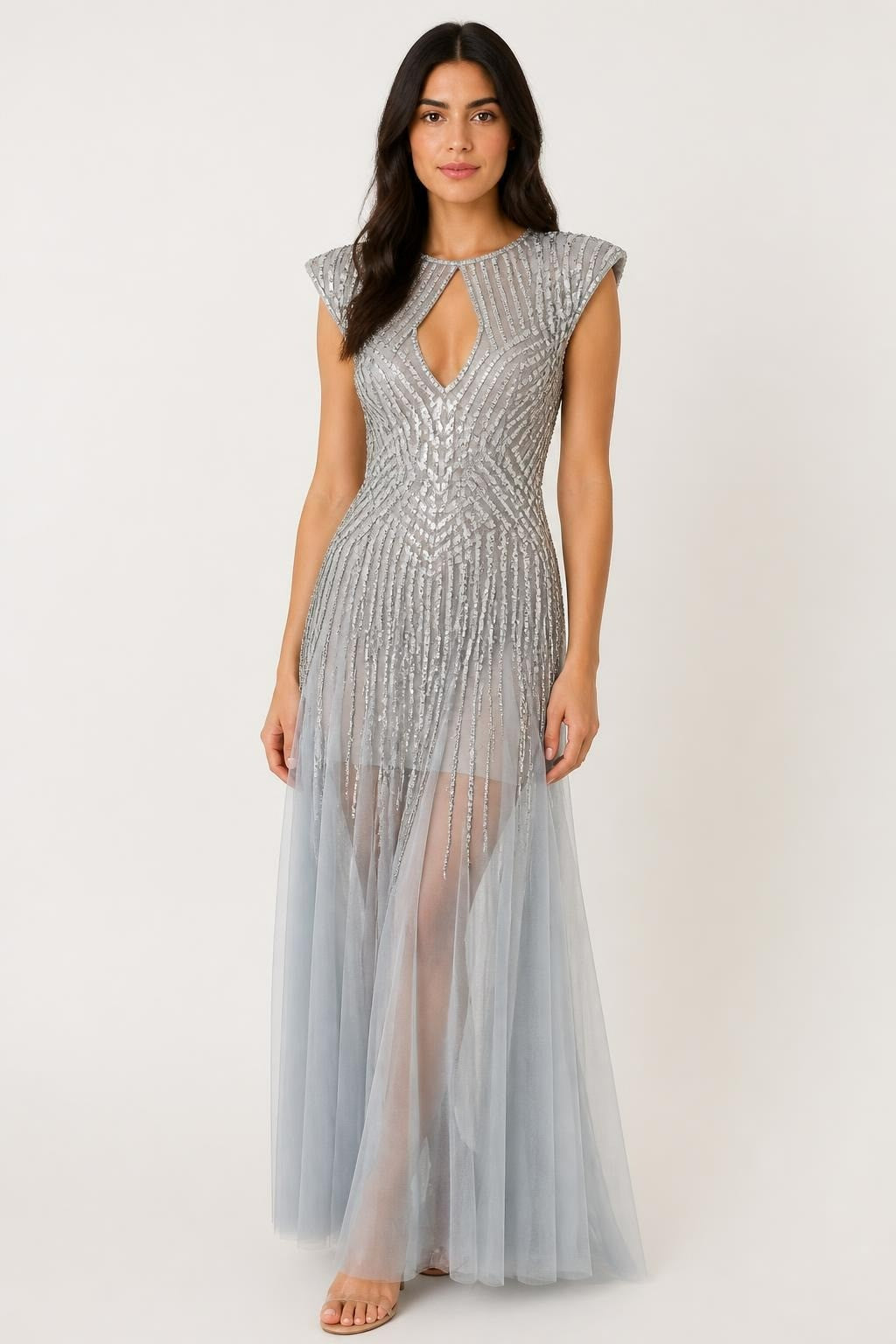 Silver beaded sequin cap-sleeve formal gown, grey tulle | Pre-Loved | Why Go Less