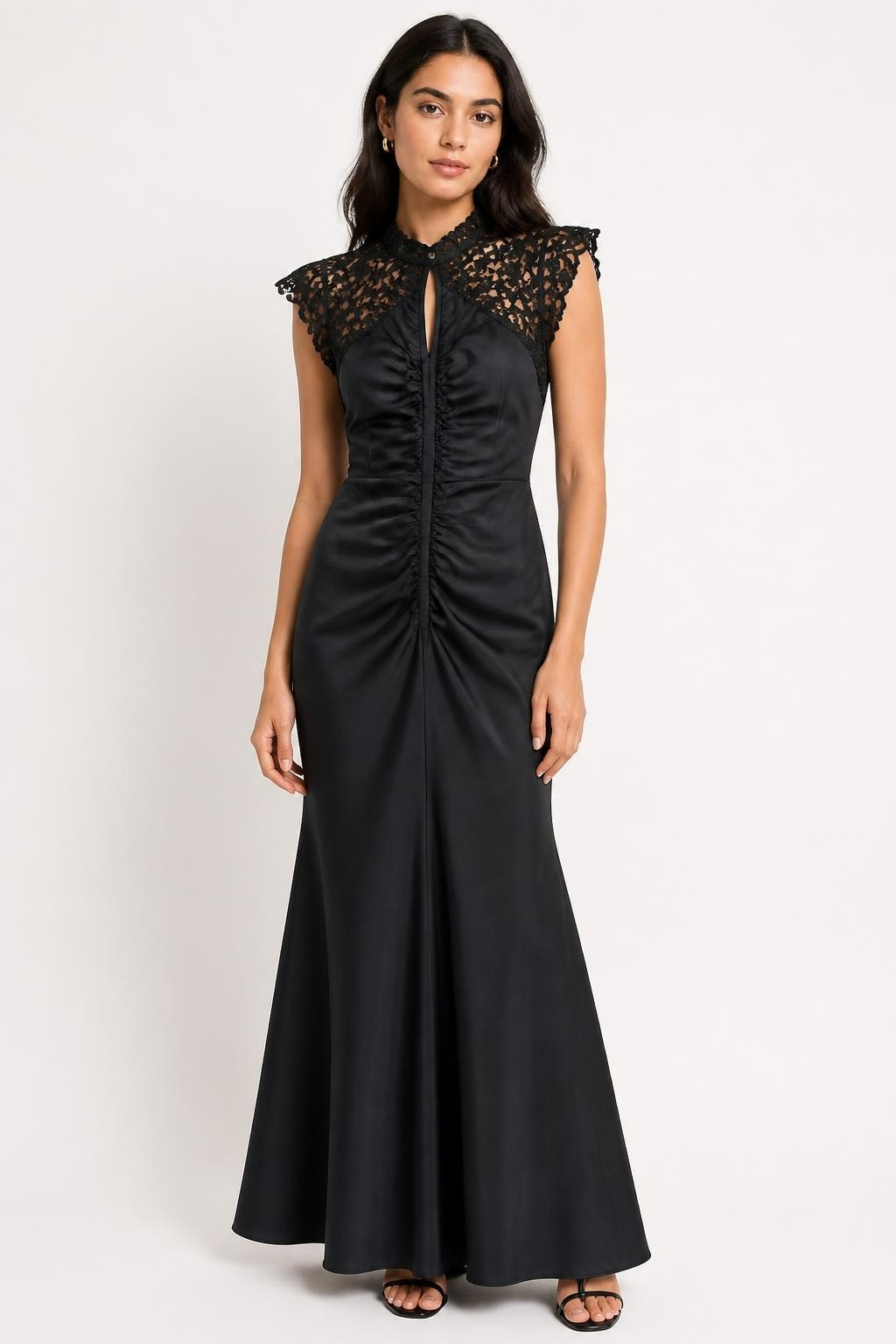 Dark grey satin halter neck lace collar formal gown | Pre-Loved | Why Go Less