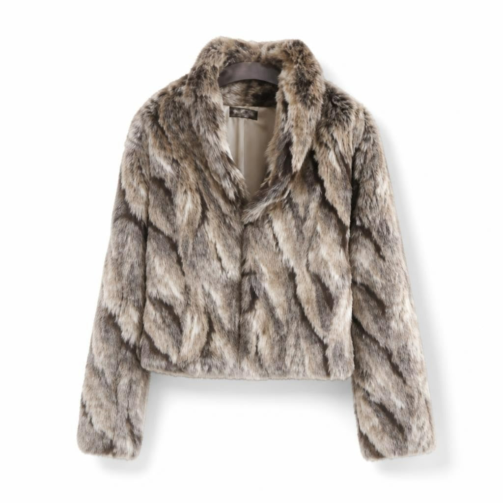 EXO faux fur cropped jacket, beige/gray - white studio shot, second-hand at Why Go Less, Dekwaneh, Lebanon
