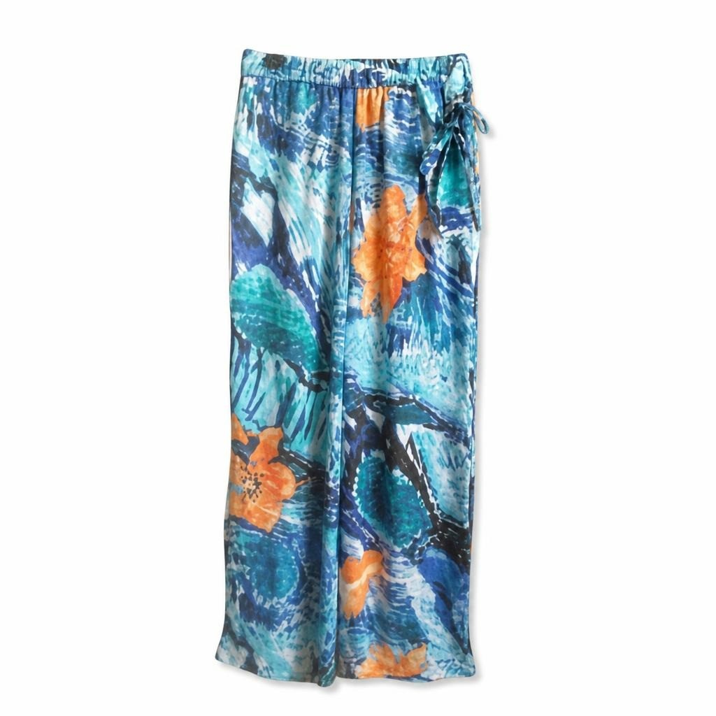Floral tropical wide-leg pants, blue/orange, M - white studio shot, second-hand at Why Go Less, Dekwaneh, Lebanon