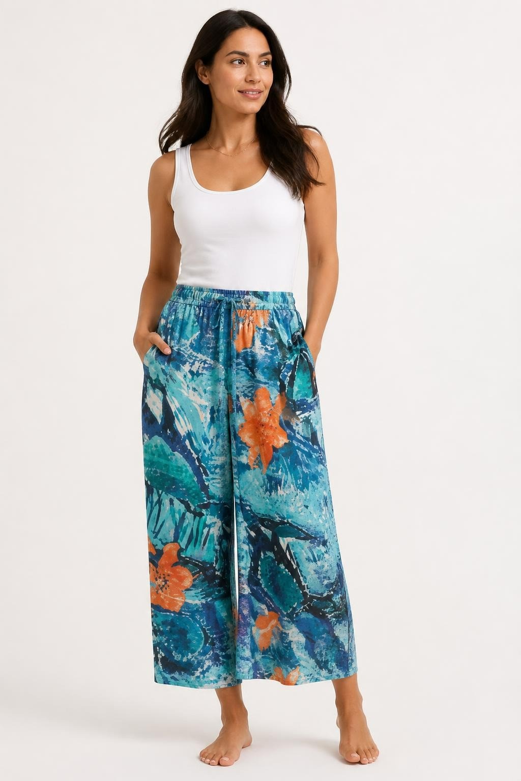 Floral tropical wide-leg pants, blue/orange, M | Pre-Loved | Why Go Less