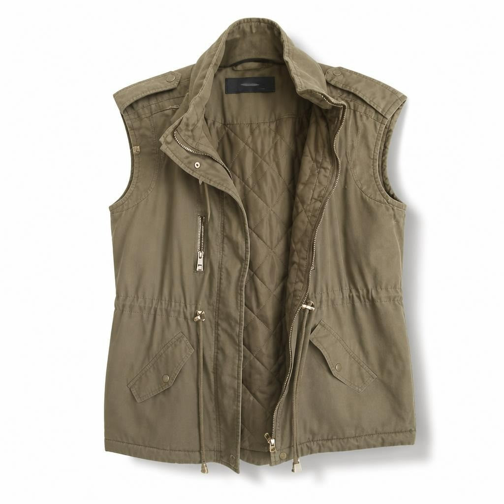 Zara khaki quilted utility vest, gold zips, S - white studio shot, second-hand at Why Go Less, Dekwaneh, Lebanon