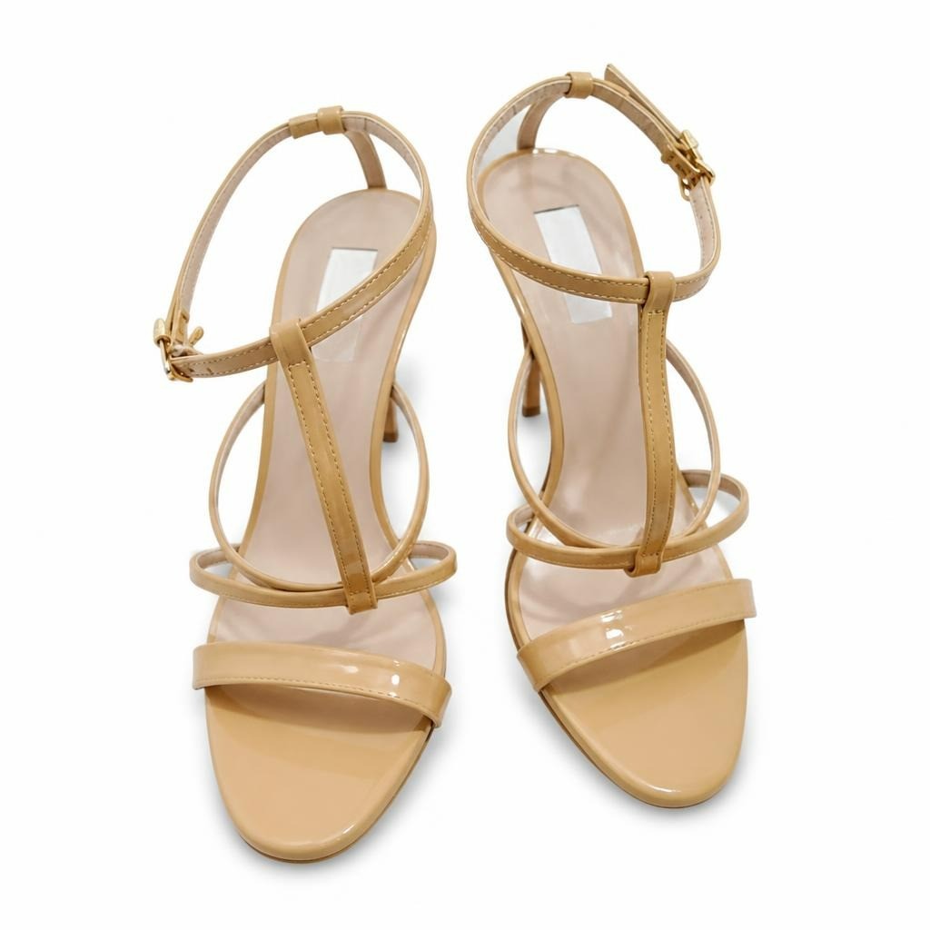 Max Mara patent strappy heeled sandals, nude/cream - white studio shot, second-hand at Why Go Less, Dekwaneh, Lebanon