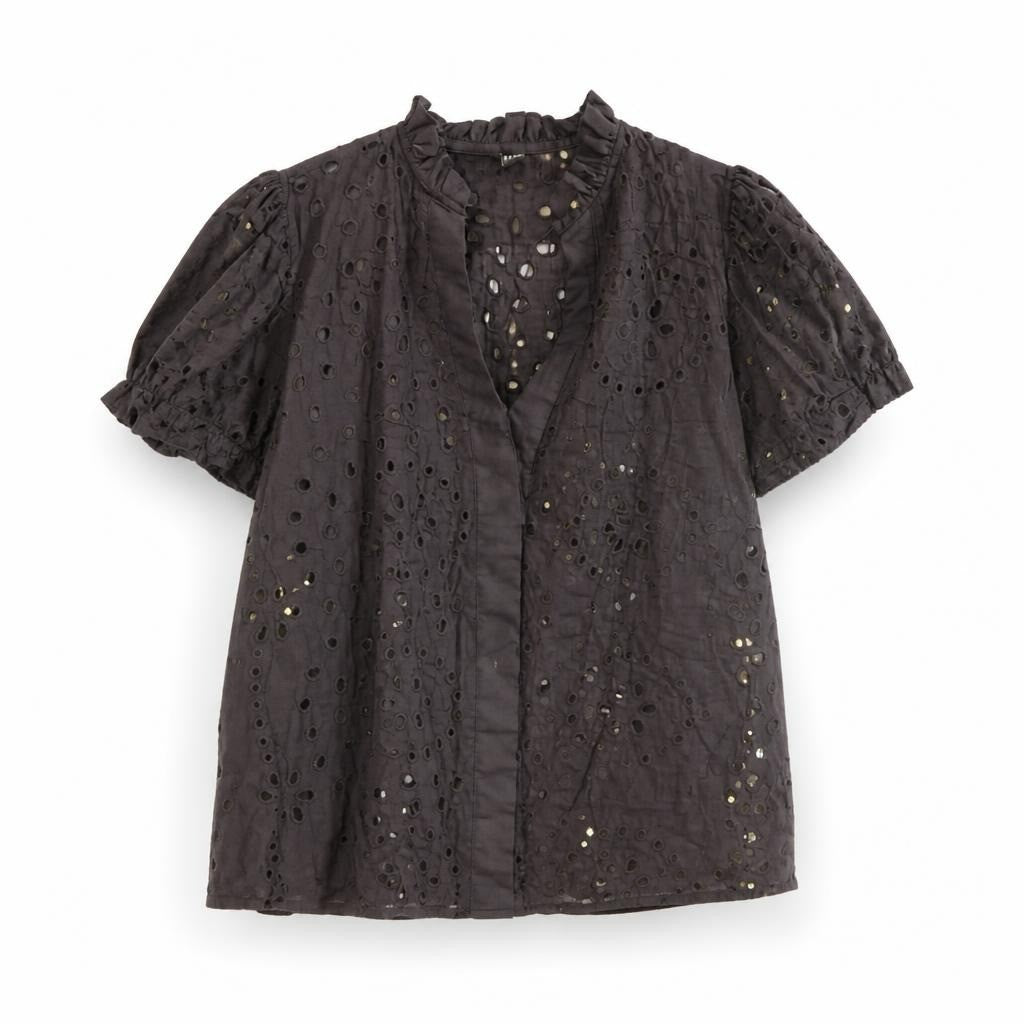 Shein black eyelet lace short-sleeve blouse, V-neck - white studio shot, second-hand at Why Go Less, Dekwaneh, Lebanon