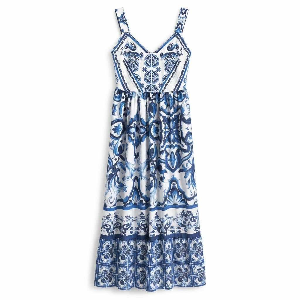 Shein Blue white maxi dress, majolica print, strappy - white studio shot, second-hand at Why Go Less, Dekwaneh, Lebanon