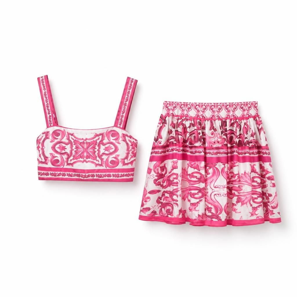 Shein Pink white majolica crop top and mini skirt set - white studio shot, second-hand at Why Go Less, Dekwaneh, Lebanon