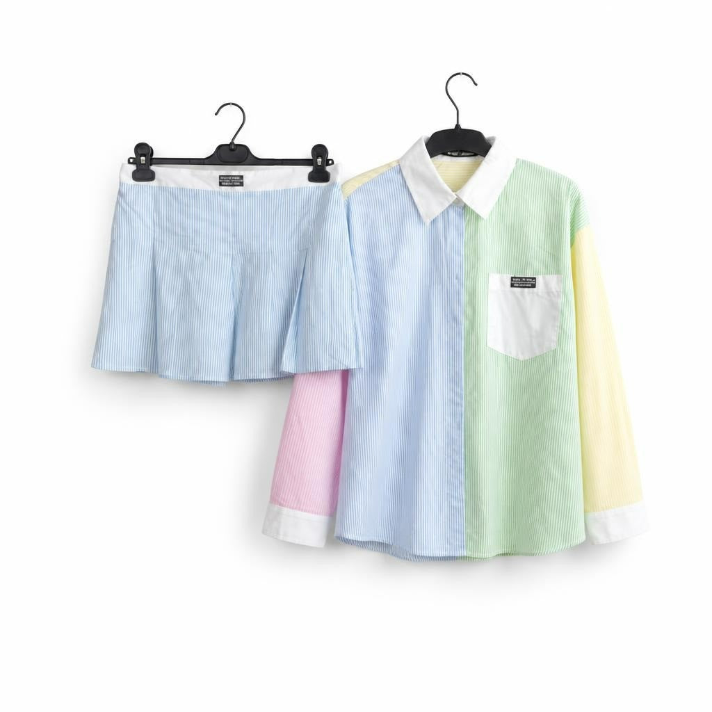 Blue stripe seersucker mini skirt and shirt set - white studio shot, second-hand at Why Go Less, Dekwaneh, Lebanon