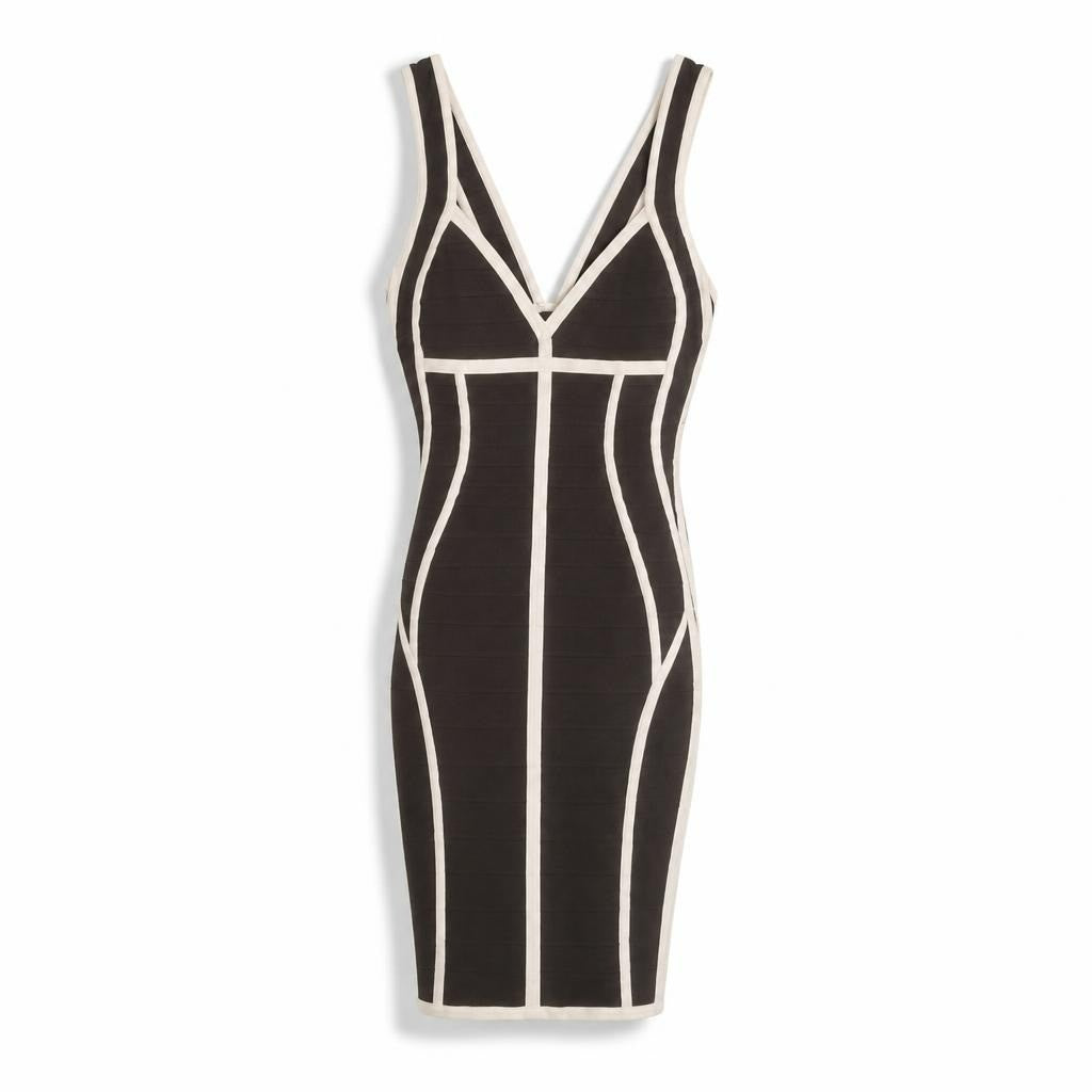 Shein Brown cream bandage bodycon midi dress, geometric - white studio shot, second-hand at Why Go Less, Dekwaneh, Lebanon