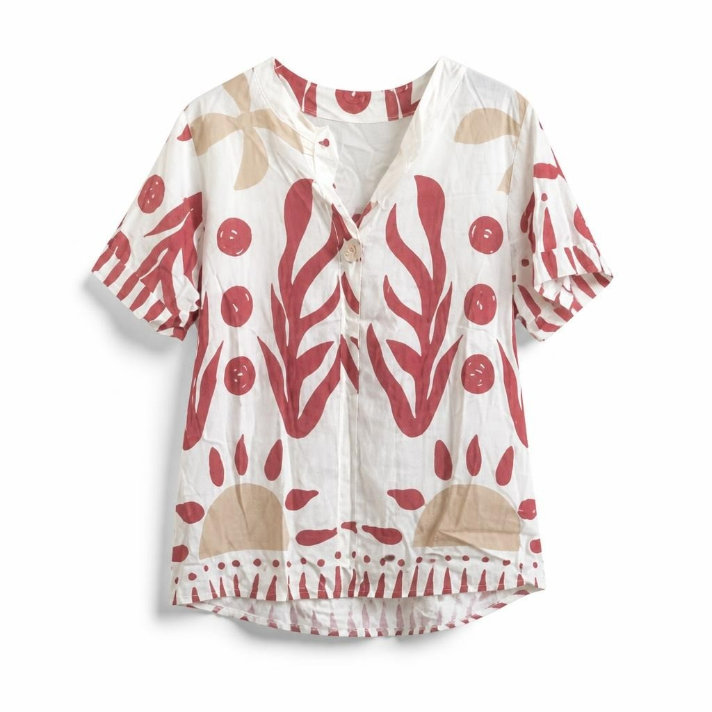 Shein Red & white printed blouse + burgundy wide pants set - white studio shot, second-hand at Why Go Less, Dekwaneh, Lebanon