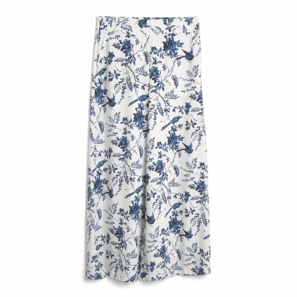 Shein White & blue floral bird print wide-leg pants - white studio shot, second-hand at Why Go Less, Dekwaneh, Lebanon