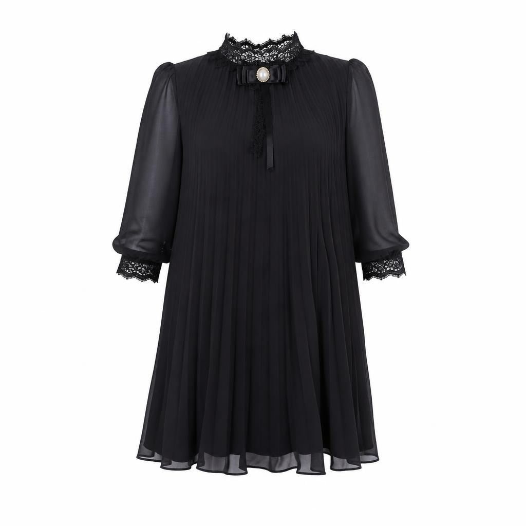 Black pleated chiffon dress lace collar bow brooch - white studio shot, second-hand at Why Go Less, Dekwaneh, Lebanon