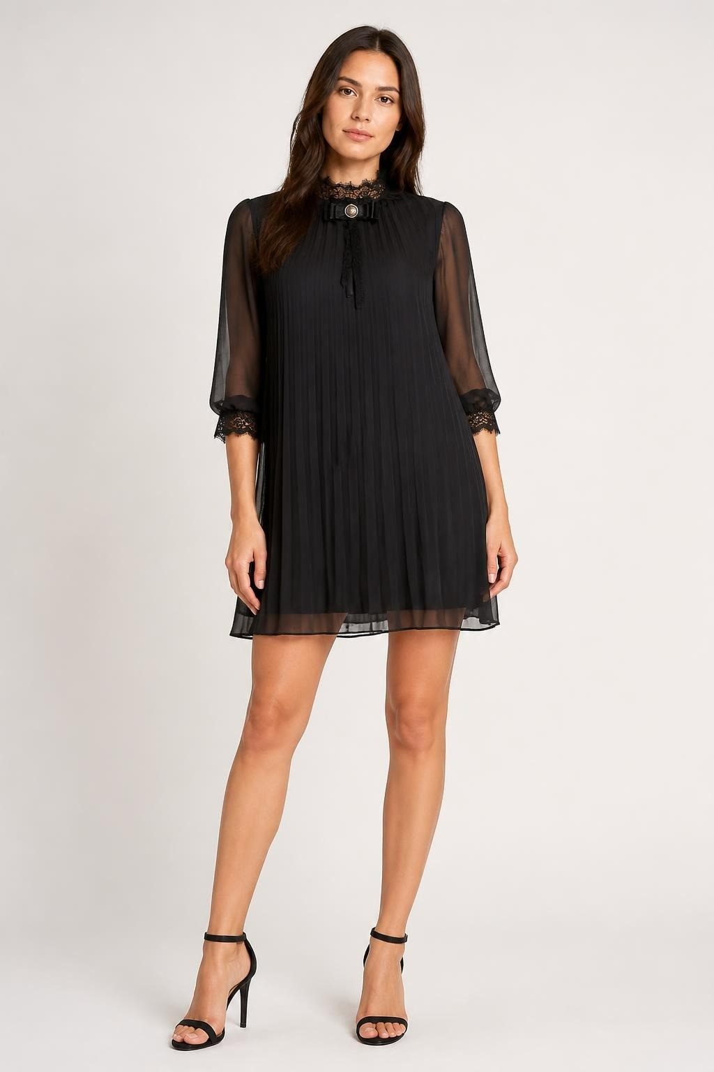 Black Pleated Chiffon Dress Lace Collar Bow Brooch | New | Why Go Less-1