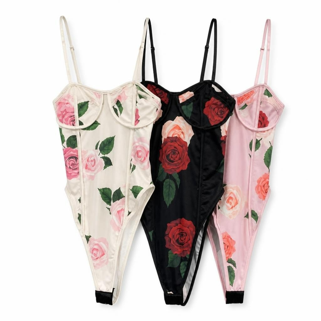 Floral rose print spaghetti strap bodysuit white/black - white studio shot, second-hand at Why Go Less, Dekwaneh, Lebanon