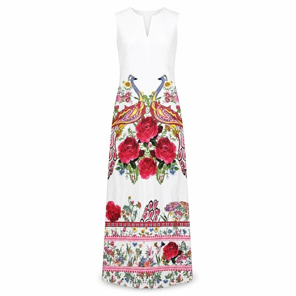 White sleeveless maxi dress peacock floral print - white studio shot, second-hand at Why Go Less, Dekwaneh, Lebanon