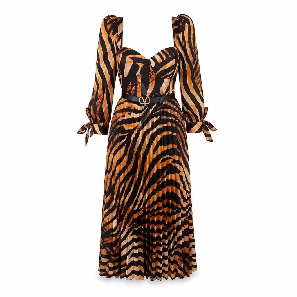 Tiger zebra print midi dress puff sleeves belt - white studio shot, second-hand at Why Go Less, Dekwaneh, Lebanon
