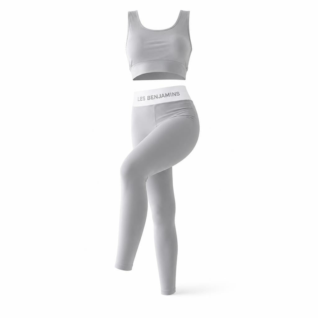 Les Benjamins grey sports set crop top & leggings - white studio shot, second-hand at Why Go Less, Dekwaneh, Lebanon
