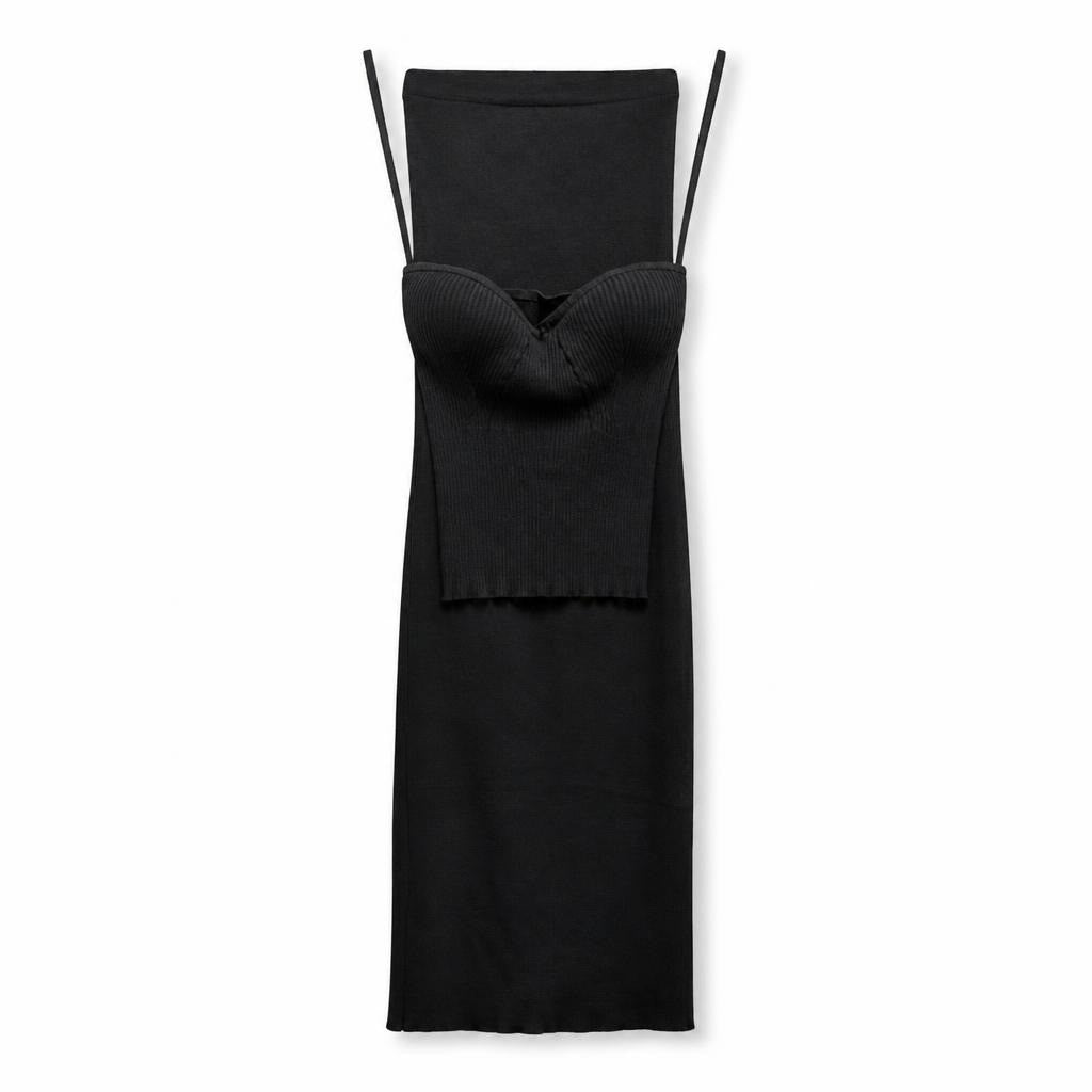 Elle black ribbed knit bustier crop top & skirt set - white studio shot, second-hand at Why Go Less, Dekwaneh, Lebanon
