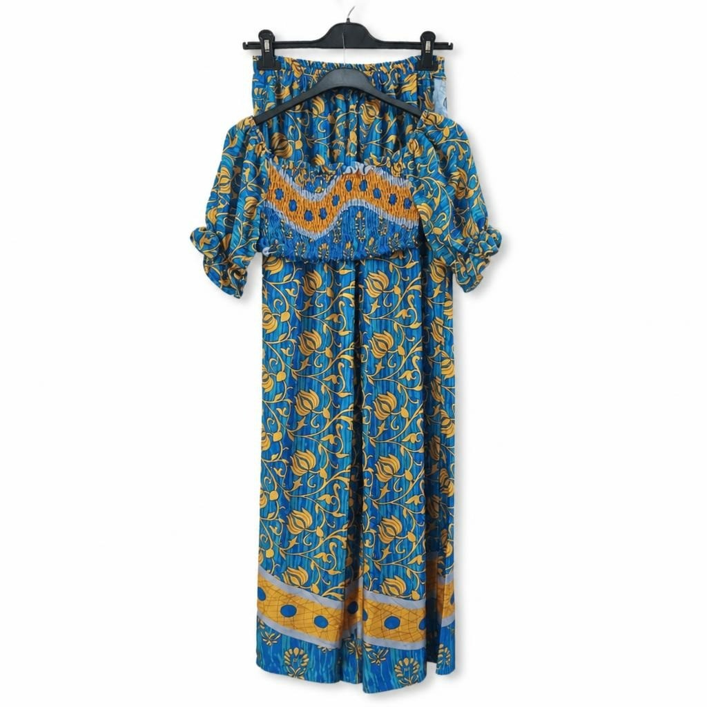 GaGallery blue & gold boho floral off-shoulder jumpsuit - white studio shot, second-hand at Why Go Less, Dekwaneh, Lebanon