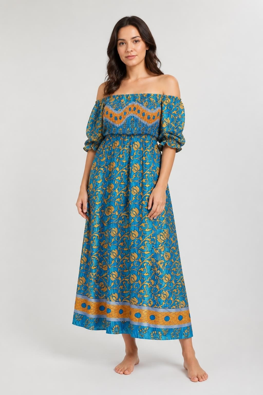 GaGallery blue & gold boho floral off-shoulder jumpsuit | Pre-Loved | Why Go Less-1