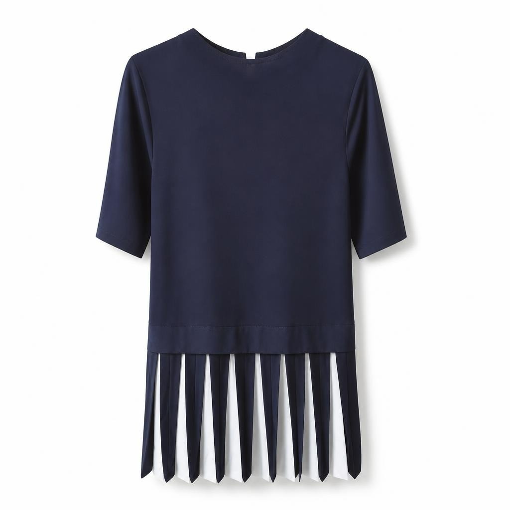 Navy blue knit top with fringe hem detail - white studio shot, second-hand at Why Go Less, Dekwaneh, Lebanon