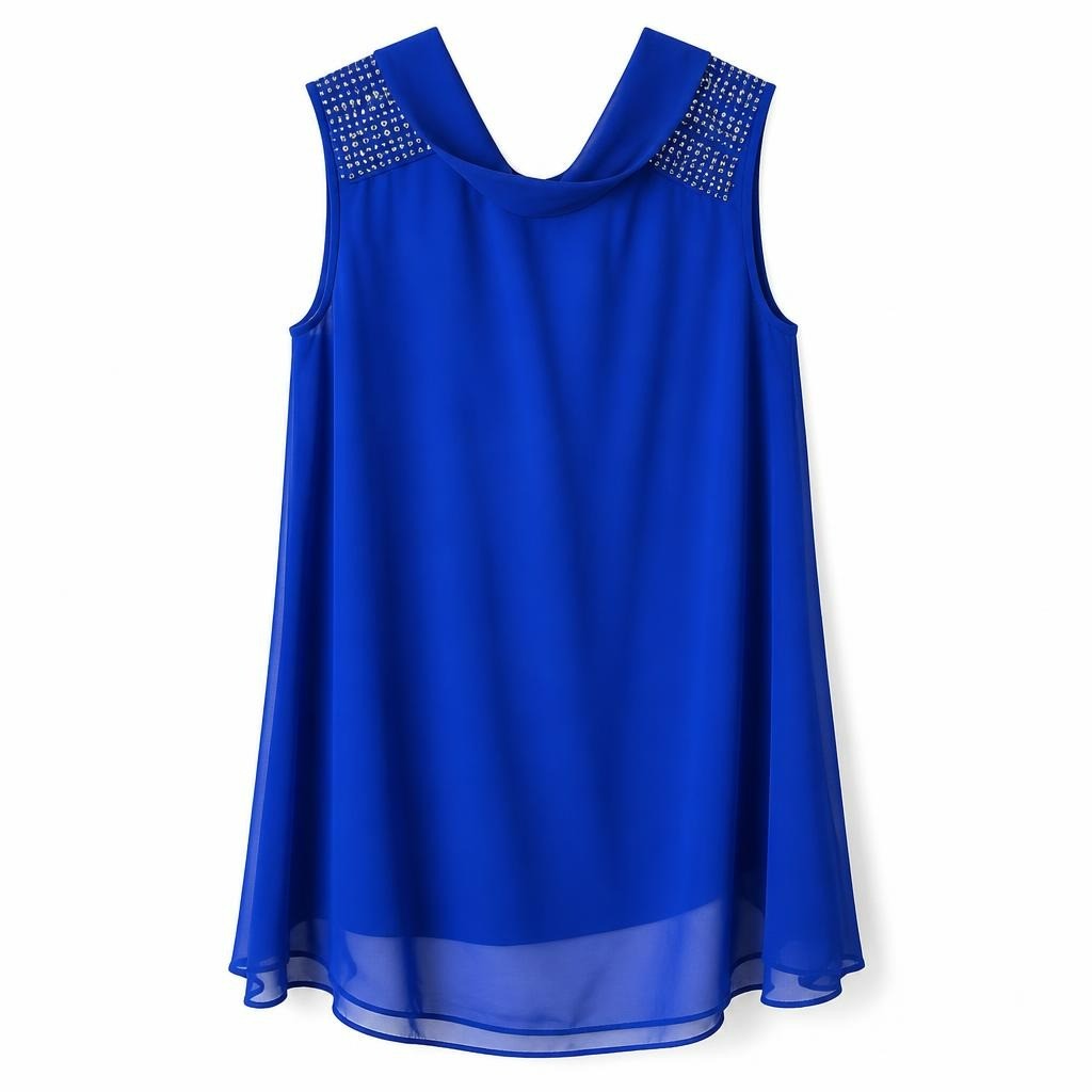 Royal blue sleeveless beaded shoulder chiffon dress - white studio shot, second-hand at Why Go Less, Dekwaneh, Lebanon