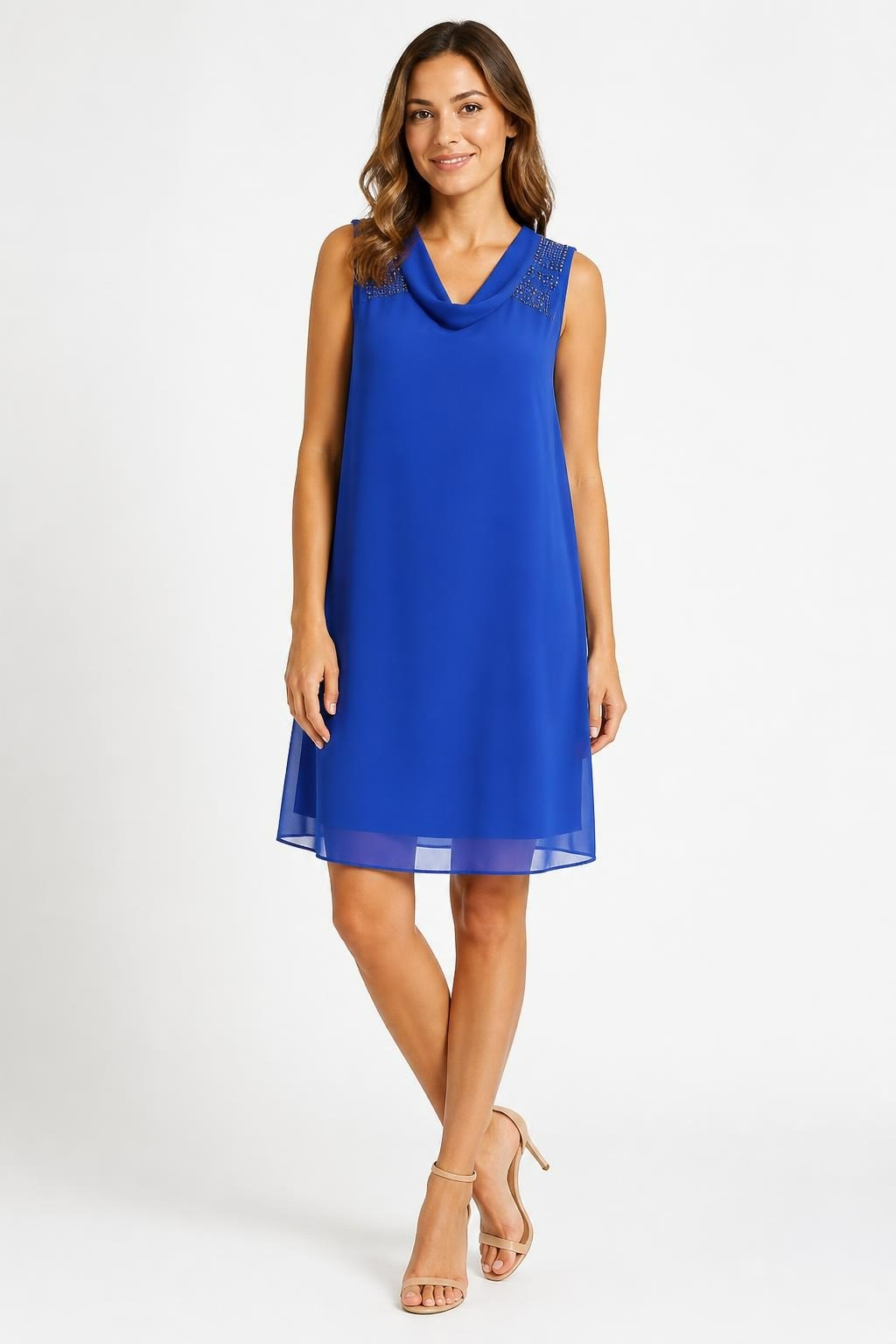 Royal blue sleeveless beaded shoulder chiffon dress | Pre-Loved | Why Go Less