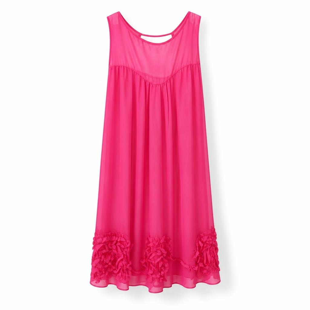 Hot pink ruffle hem sleeveless chiffon dress, Carmen - white studio shot, second-hand at Why Go Less, Dekwaneh, Lebanon