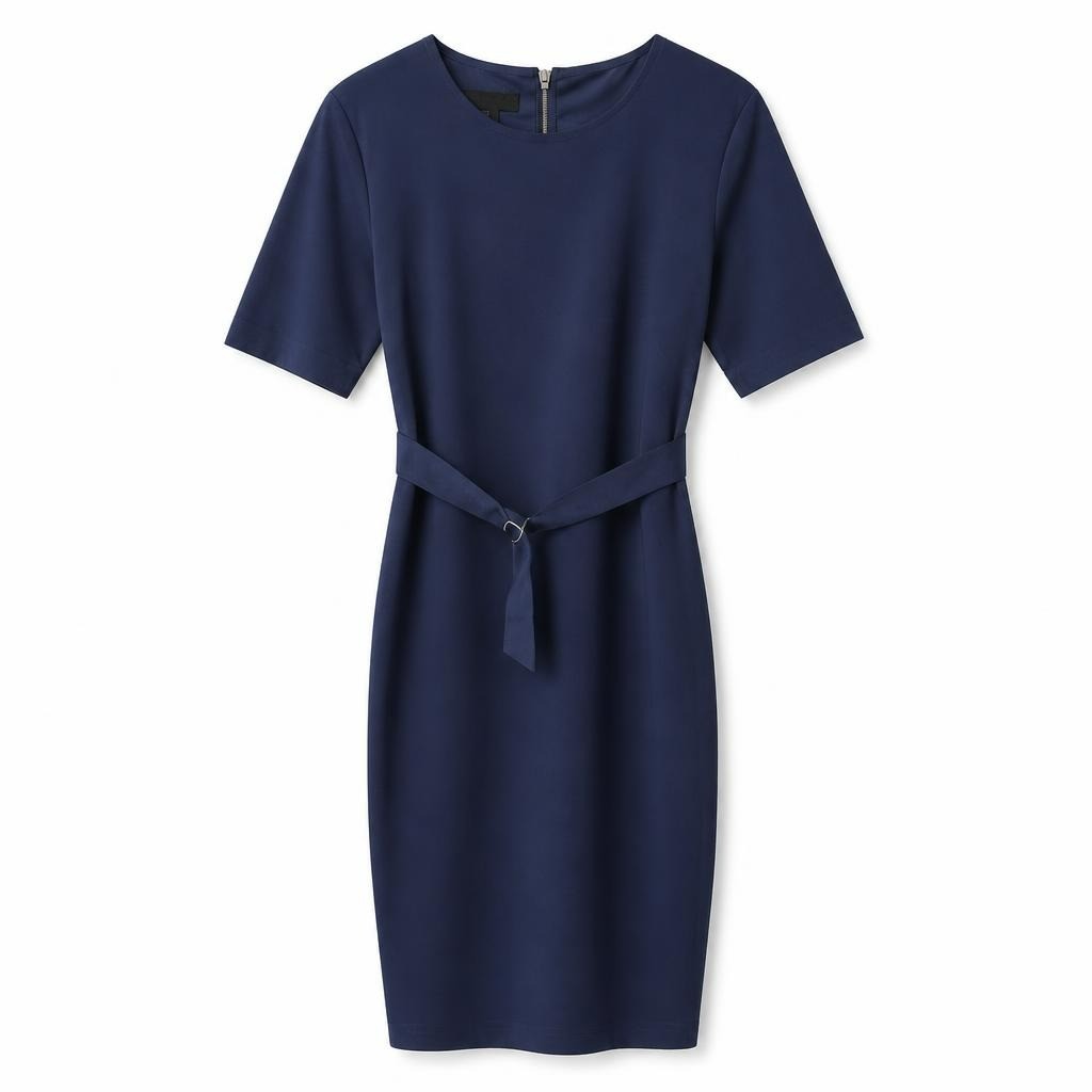 Navy blue short sleeve belted pencil dress, Ted Baker - white studio shot, second-hand at Why Go Less, Dekwaneh, Lebanon