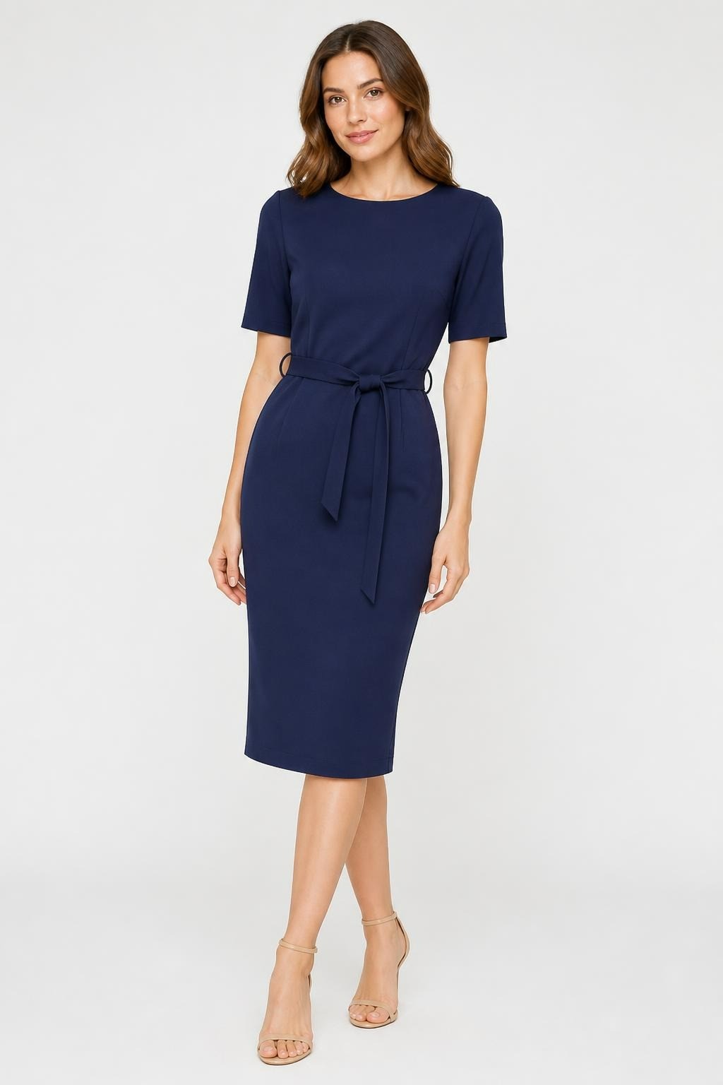 Navy blue short sleeve belted pencil dress, Ted Baker | Pre-Loved | Why Go Less