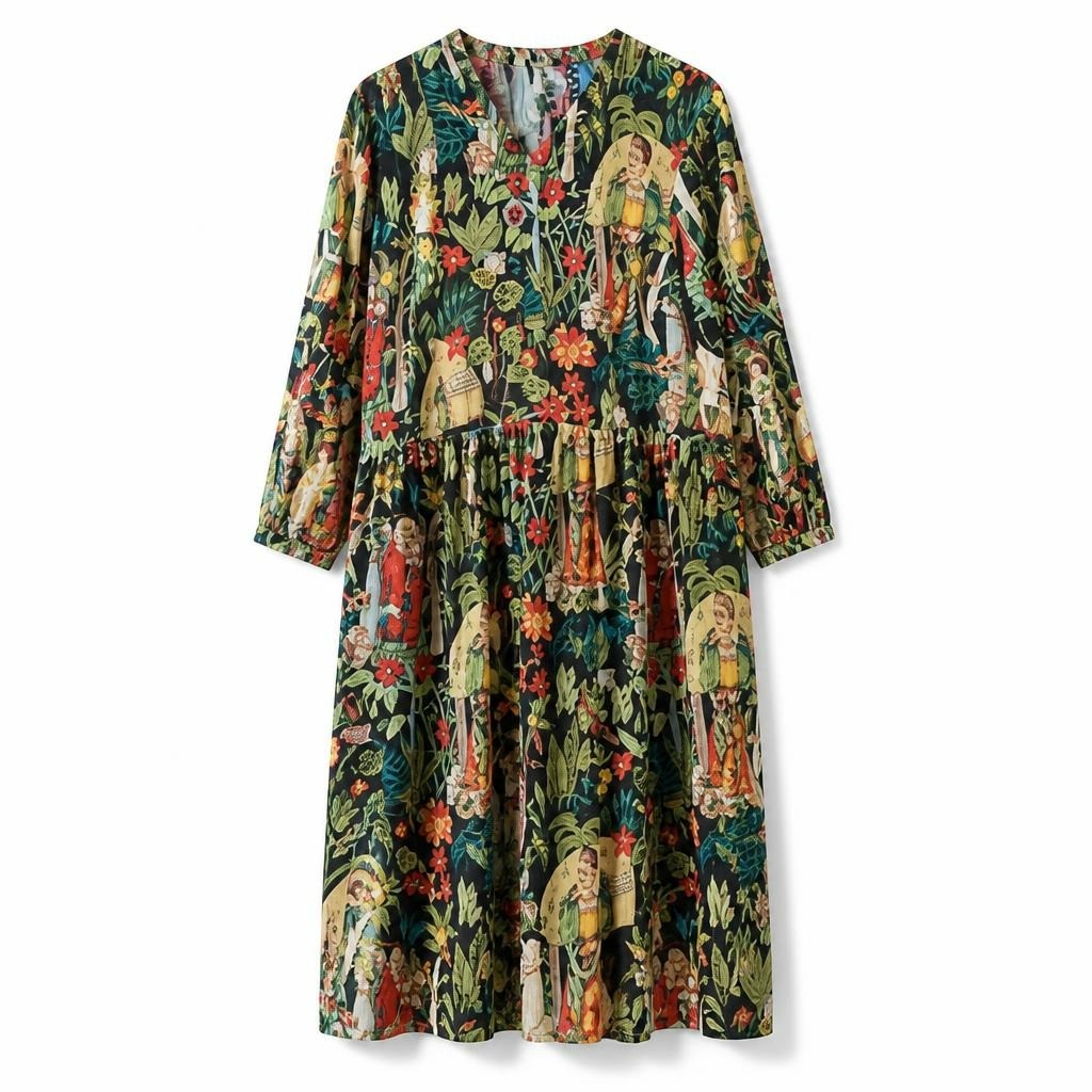 Frida Kahlo print tiered boho midi dress, multicolor - white studio shot, second-hand at Why Go Less, Dekwaneh, Lebanon