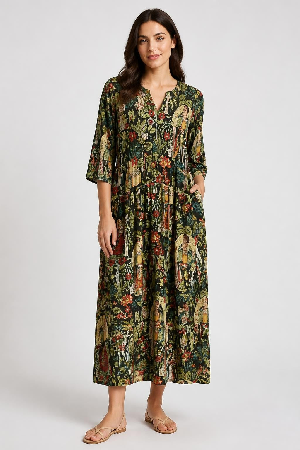 Frida Kahlo print tiered boho midi dress, multicolor | Pre-Loved | Why Go Less