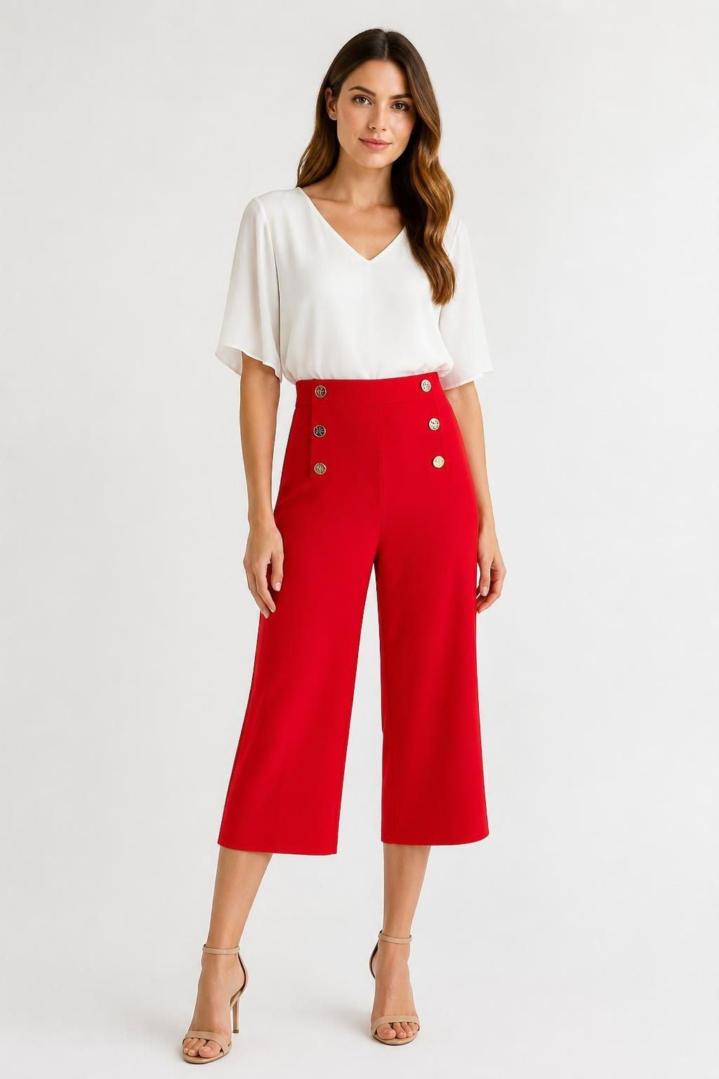 Karen Millen Red wide-leg trousers with gold buttons | Pre-Loved | Why Go Less