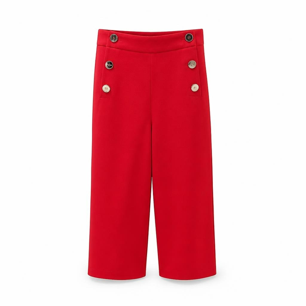 Karen Millen Red wide-leg trousers with gold buttons - white studio shot, second-hand at Why Go Less, Dekwaneh, Lebanon