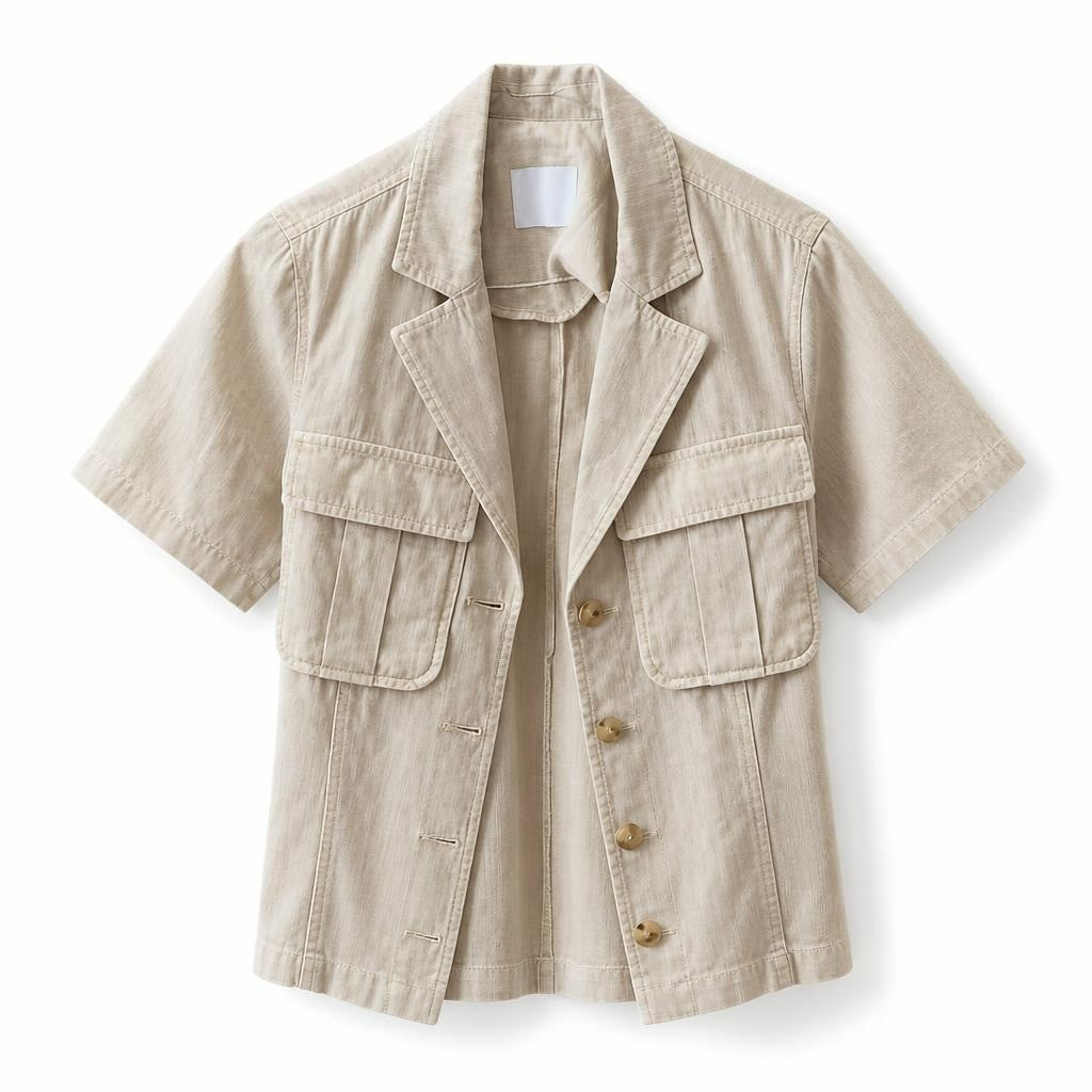 Bershka beige cargo short-sleeve jacket dress - white studio shot, second-hand at Why Go Less, Dekwaneh, Lebanon