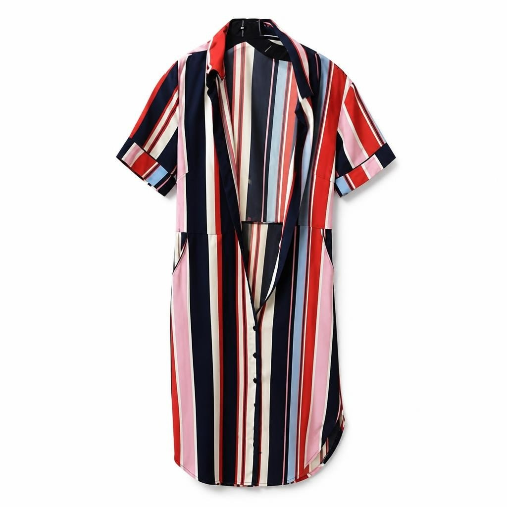 Multicolor vertical stripe shirt maxi dress - white studio shot, second-hand at Why Go Less, Dekwaneh, Lebanon